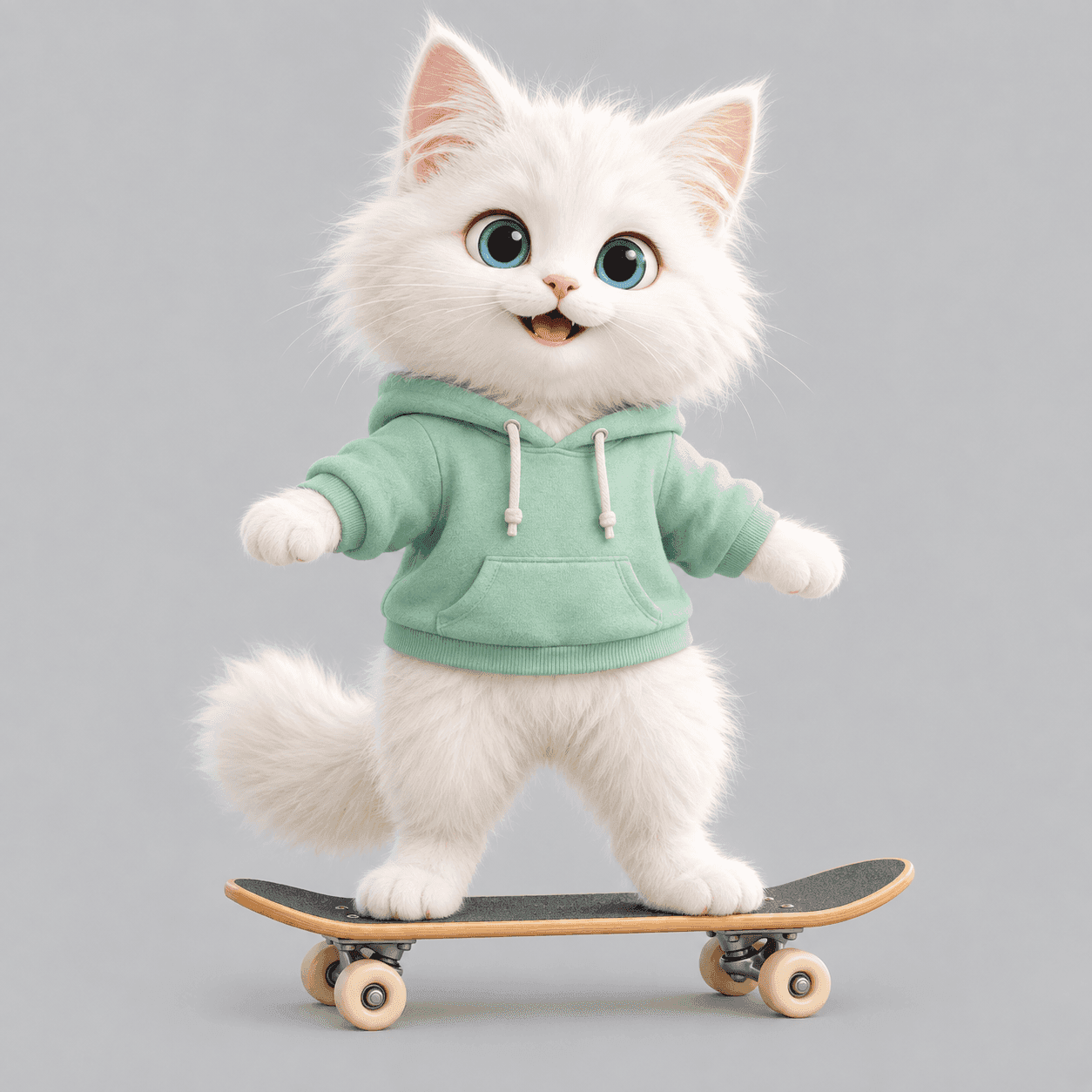 Front view of the cat character on a skateboard