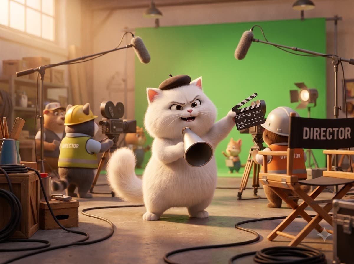 A cat directing a film on set