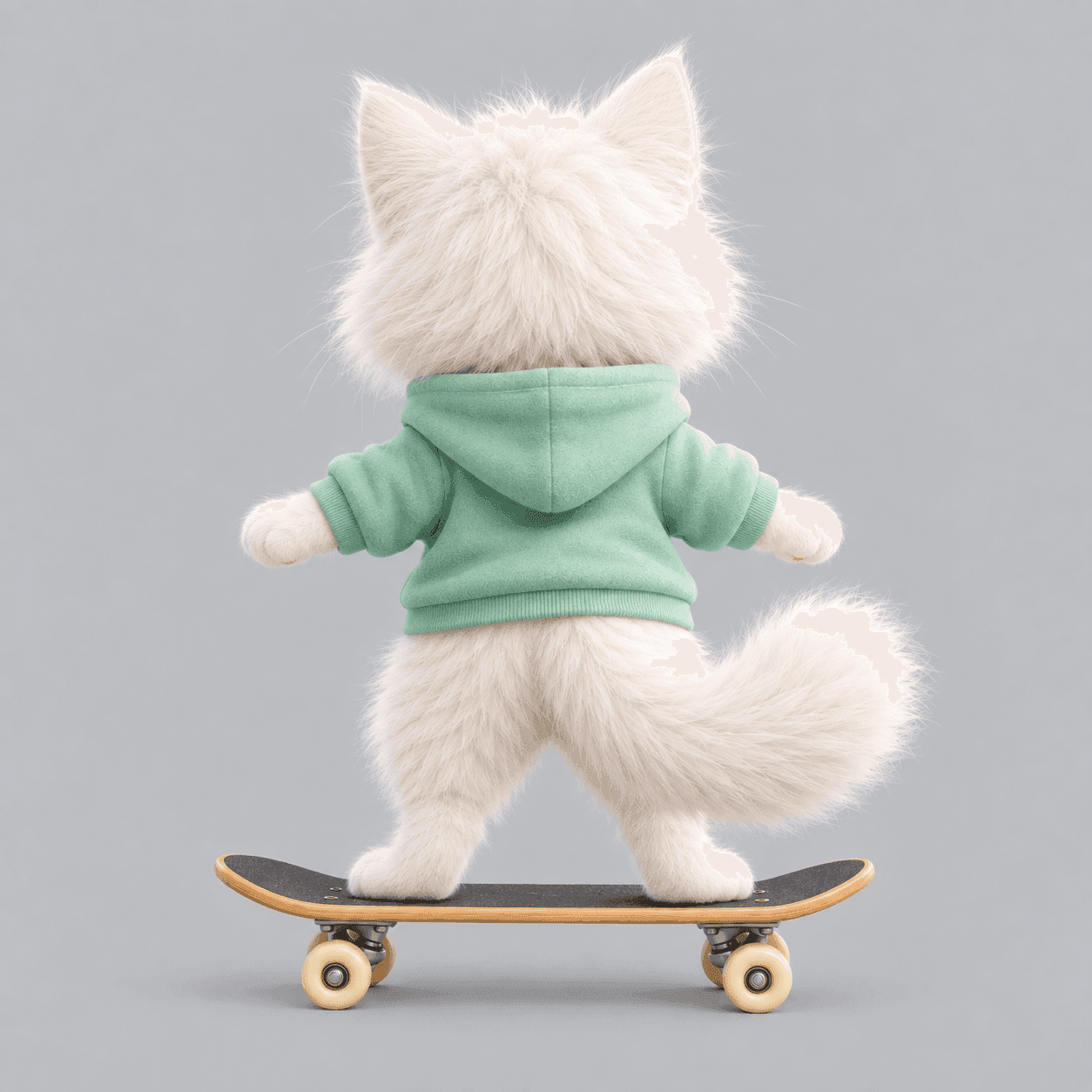 Back view of the cat character on a skateboard
