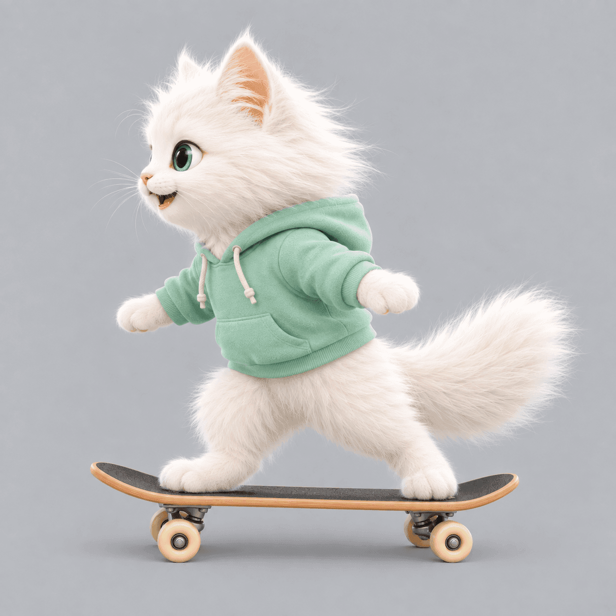 Side view of the cat character on a skateboard