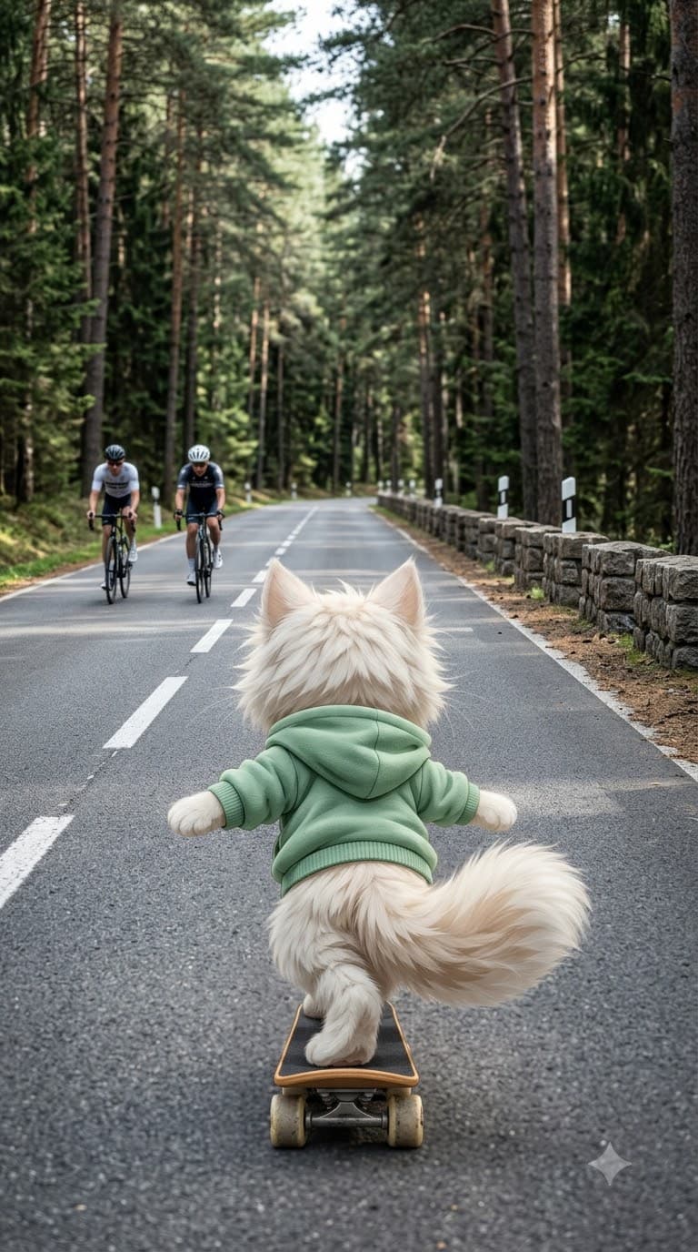 Starting image of a cat skateboarding down a road