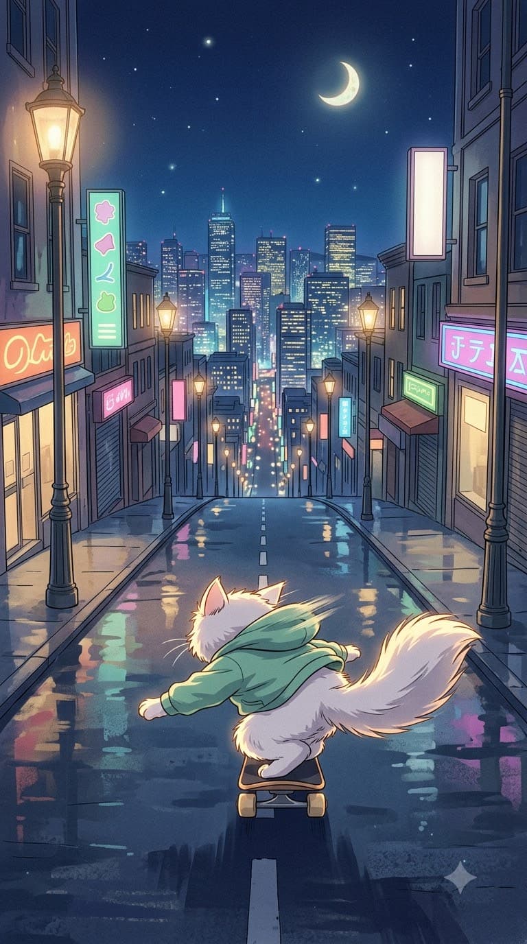 Starting image of a white cat skateboarding down a street