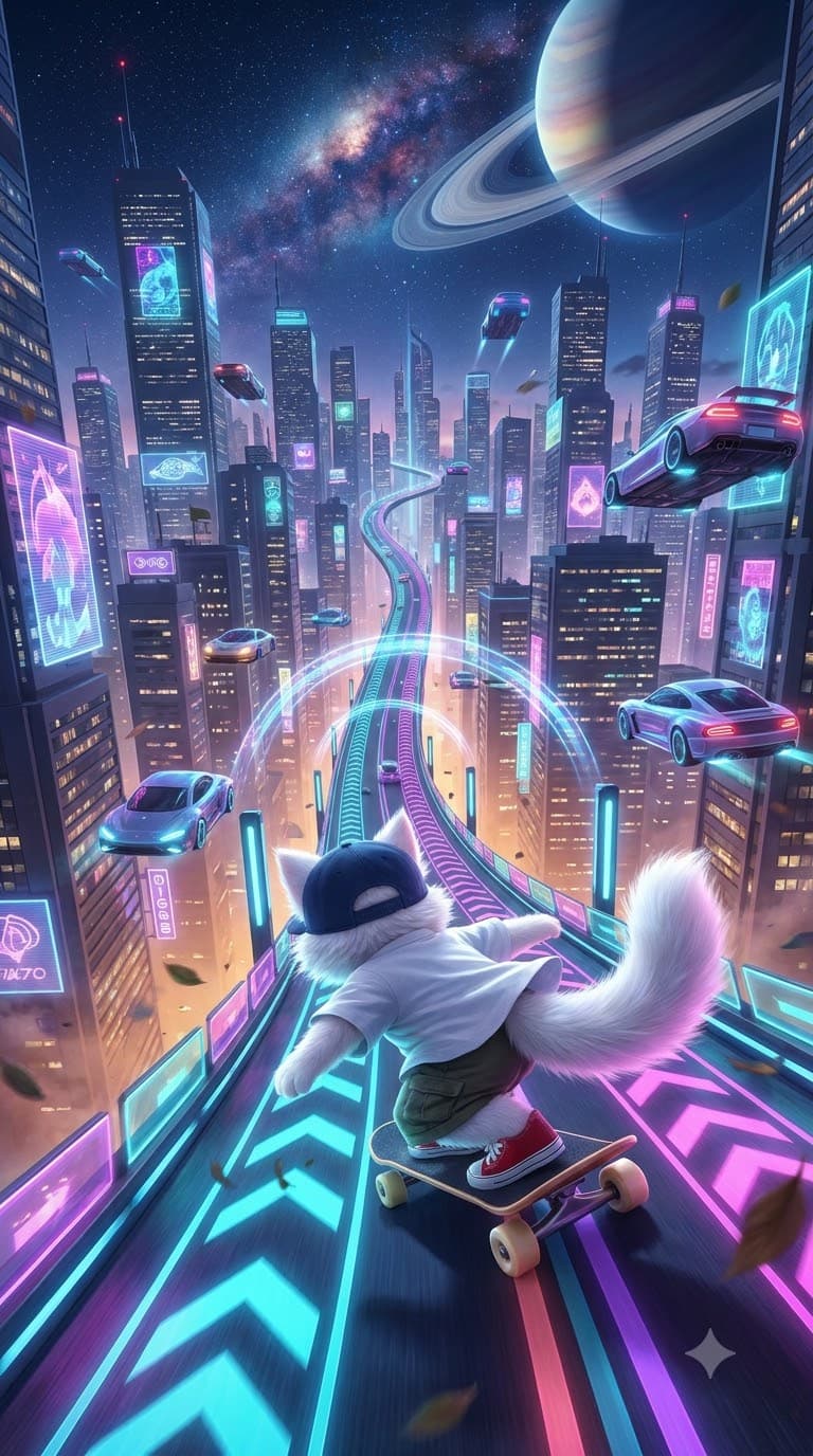 Starting image of a cat skateboarding down a steep road