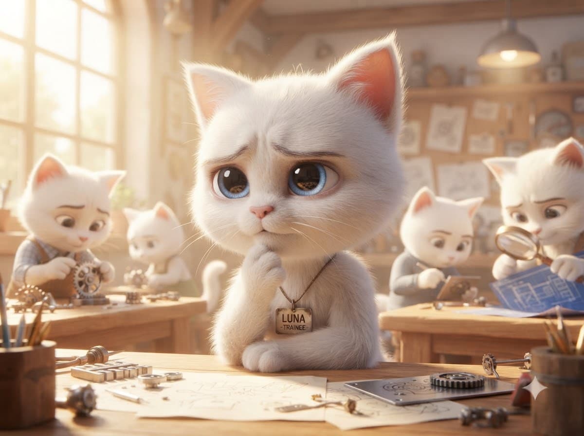 A cat lost in thought at the corner of a workshop